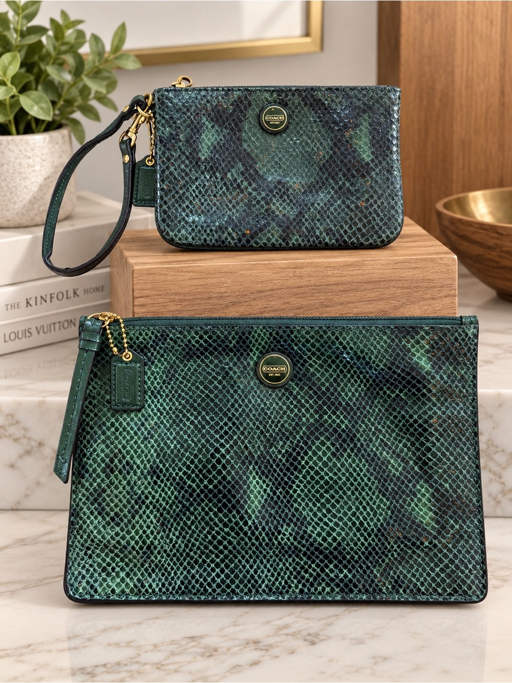 Coach Green Python-embossed Leather Pouch Clutch & Wristlet
